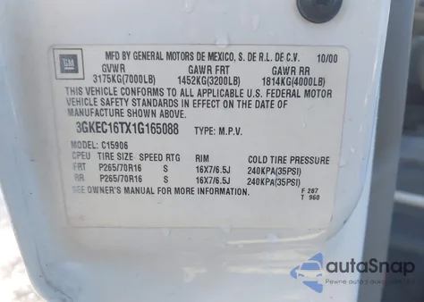 2001 GMC Yukon Xl 1500 Slt из США, поврежденный, VIN 3GKEC16TX1G165088